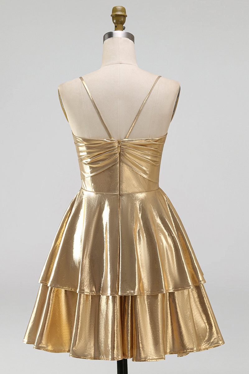 Laden Sie das Bild in den Galerie-Viewer, Gold A-Line Metallic-Träger mit spaghettifarbenen Kurzes Abendkleid