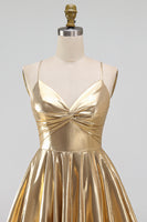 Laden Sie das Bild in den Galerie-Viewer, Gold A-Line Metallic-Träger mit spaghettifarbenen Kurzes Abendkleid