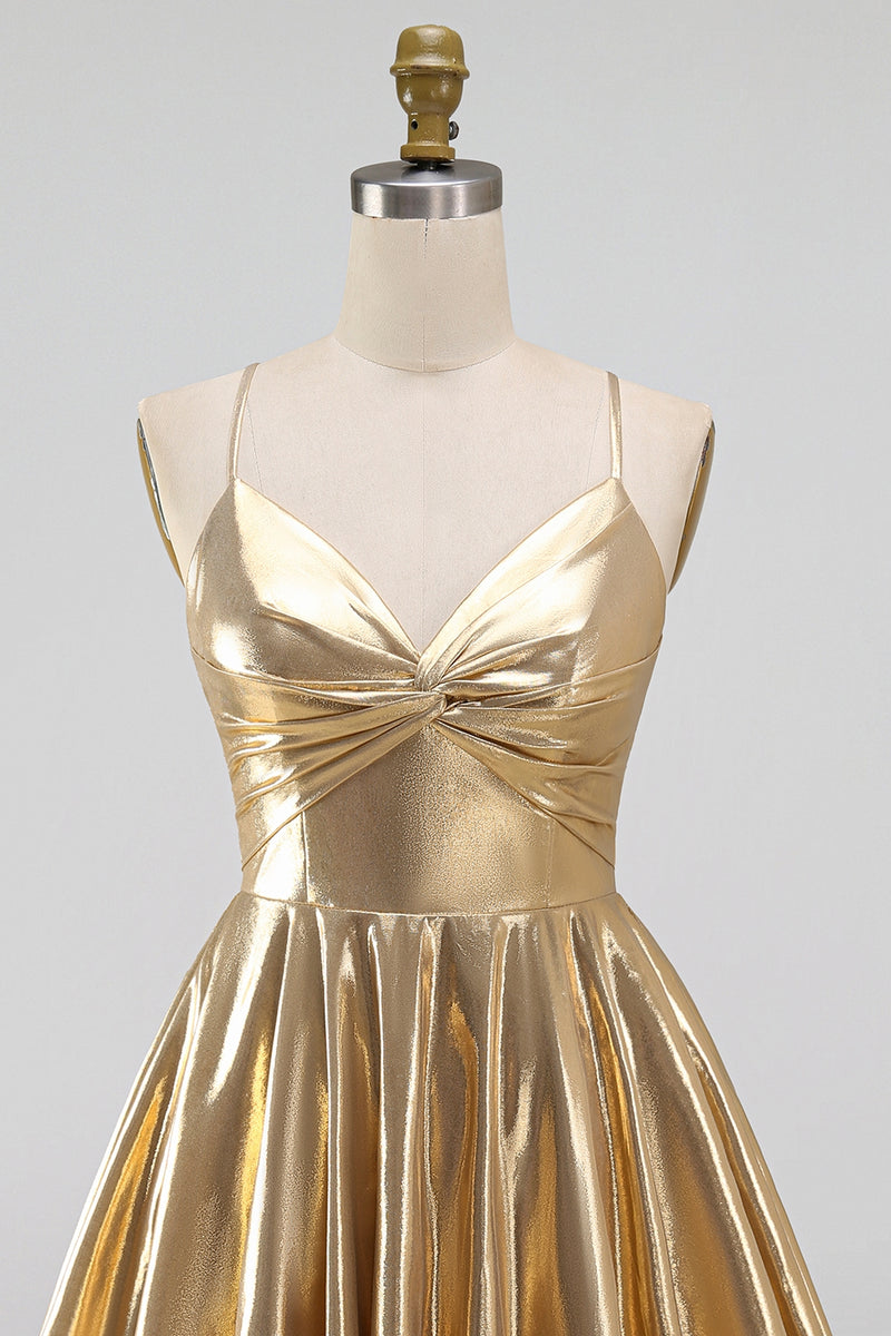 Laden Sie das Bild in den Galerie-Viewer, Gold A-Line Metallic-Träger mit spaghettifarbenen Kurzes Abendkleid