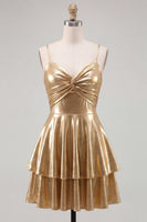 Laden Sie das Bild in den Galerie-Viewer, Gold A-Line Metallic-Träger mit spaghettifarbenen Kurzzeit-Homecoming-Kleid