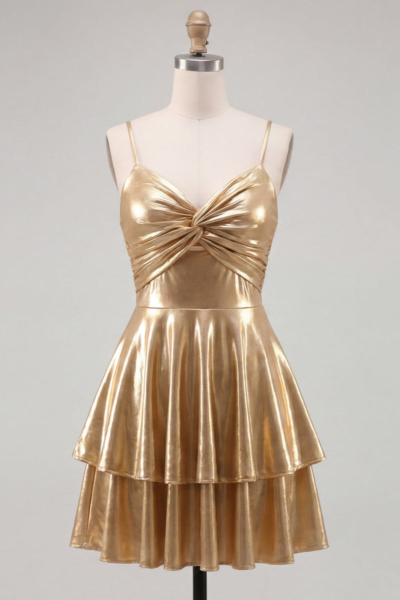 Laden Sie das Bild in den Galerie-Viewer, Gold A-Line Metallic-Träger mit spaghettifarbenen Kurzzeit-Homecoming-Kleid