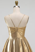 Laden Sie das Bild in den Galerie-Viewer, Gold A-Line Metallic-Träger mit spaghettifarbenen Kurzes Abendkleid