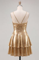Laden Sie das Bild in den Galerie-Viewer, Gold A-Line Metallic-Träger mit spaghettifarbenen Kurzzeit-Homecoming-Kleid