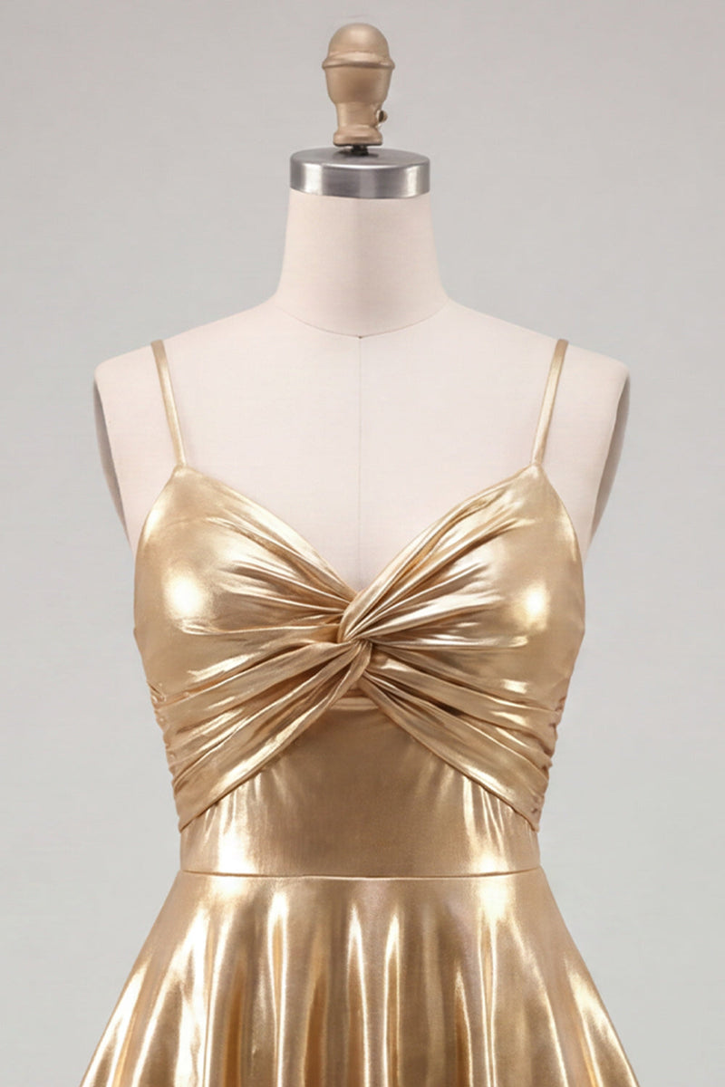Laden Sie das Bild in den Galerie-Viewer, Gold A-Line Metallic-Träger mit spaghettifarbenen Kurzzeit-Homecoming-Kleid