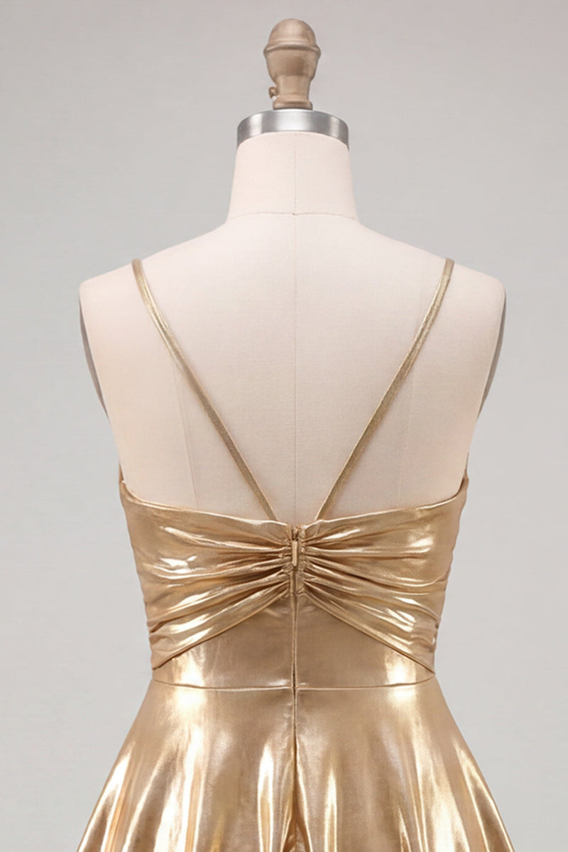 Laden Sie das Bild in den Galerie-Viewer, Gold A-Line Metallic-Träger mit spaghettifarbenen Kurzzeit-Homecoming-Kleid