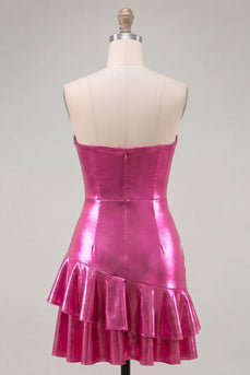 Sweetheart Fuchsia A-Linie Metallic Gerafftes Kurzes Abendkleid mit Stufen