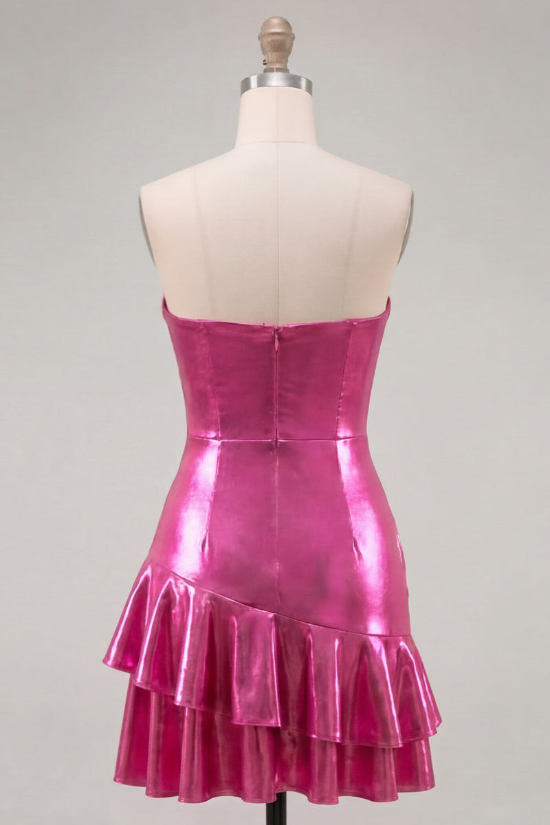 Laden Sie das Bild in den Galerie-Viewer, Sweetheart Fuchsia A-Linie Metallic, gerafftes kurzes Homecoming-Kleid mit Stufen