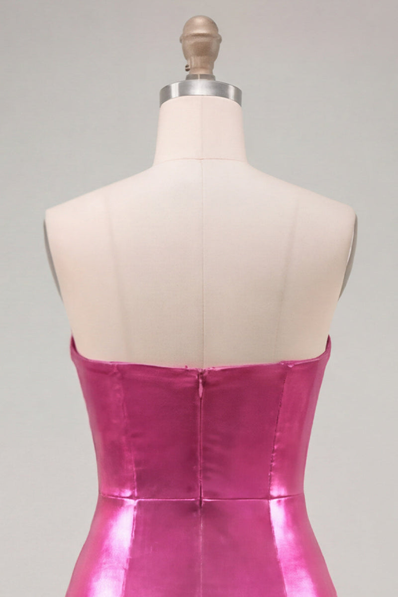 Laden Sie das Bild in den Galerie-Viewer, Sweetheart Fuchsia A-Linie Metallic, gerafftes kurzes Homecoming-Kleid mit Stufen