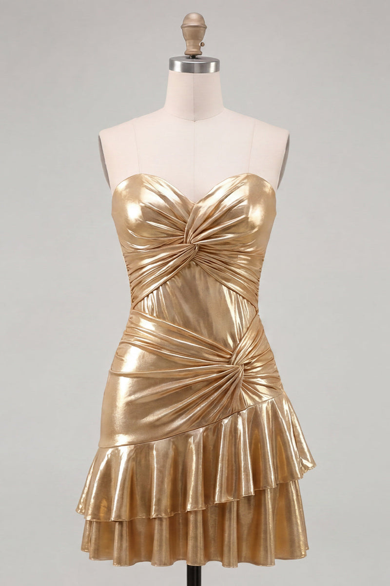 Laden Sie das Bild in den Galerie-Viewer, Sweetheart Fuchsia A-Linie Metallic, gerafftes kurzes Homecoming-Kleid mit Stufen
