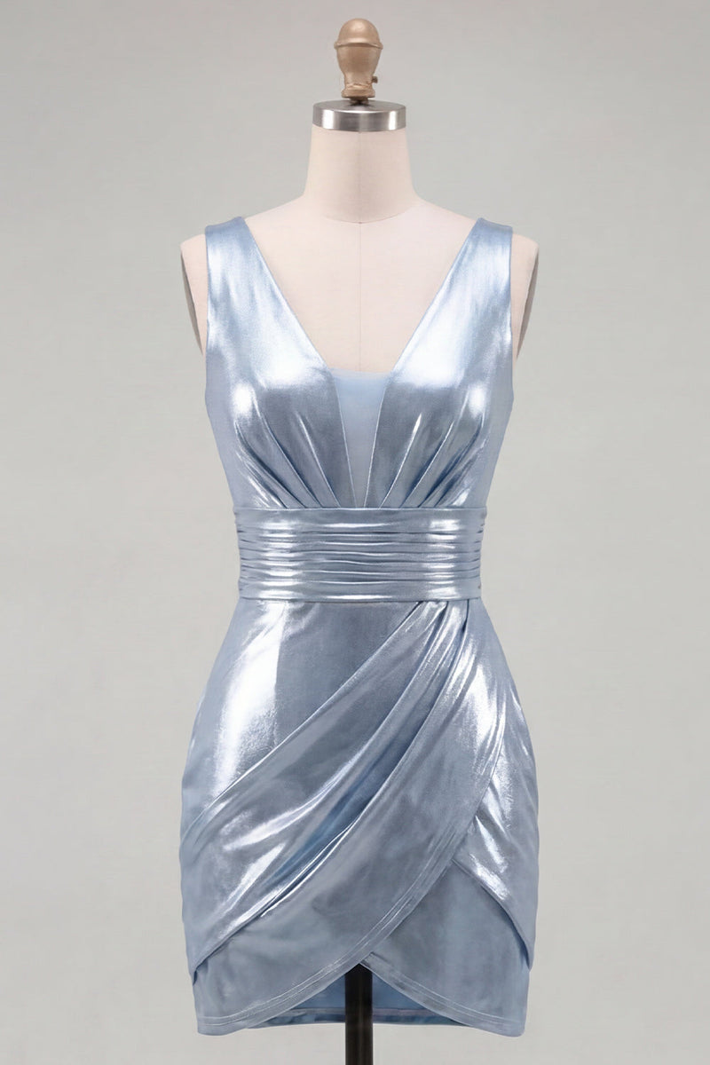 Laden Sie das Bild in den Galerie-Viewer, Metallisches Himmelblaues V-Ausschnitt, gerafftes, enges kurzes Homecoming-Kleid