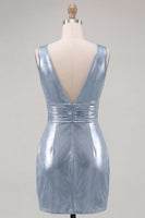Laden Sie das Bild in den Galerie-Viewer, Metallisches Himmelblaues V-Ausschnitt, gerafftes, enges kurzes Homecoming-Kleid