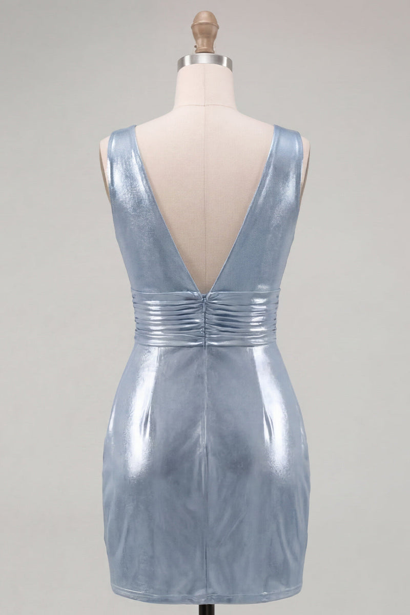 Laden Sie das Bild in den Galerie-Viewer, Metallisches Himmelblaues V-Ausschnitt, gerafftes, enges kurzes Homecoming-Kleid