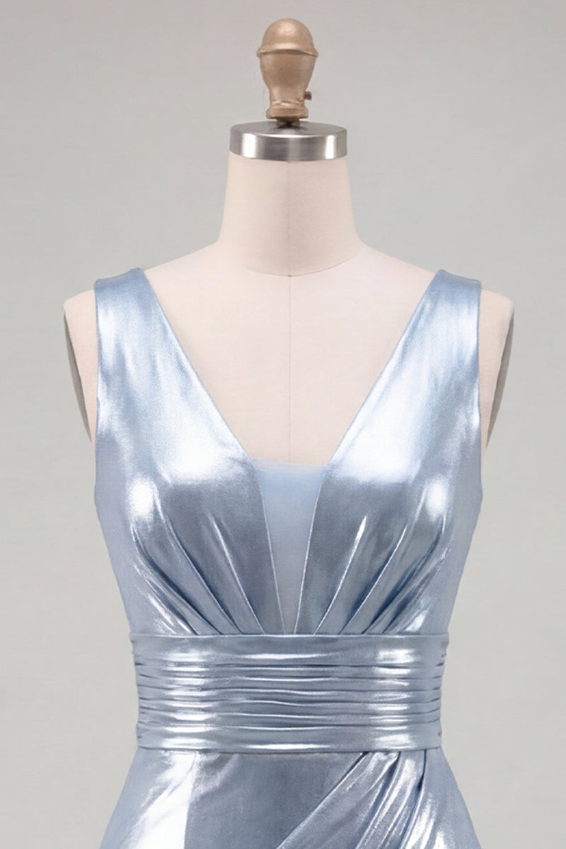 Laden Sie das Bild in den Galerie-Viewer, Metallisches Himmelblaues V-Ausschnitt, gerafftes, enges kurzes Homecoming-Kleid