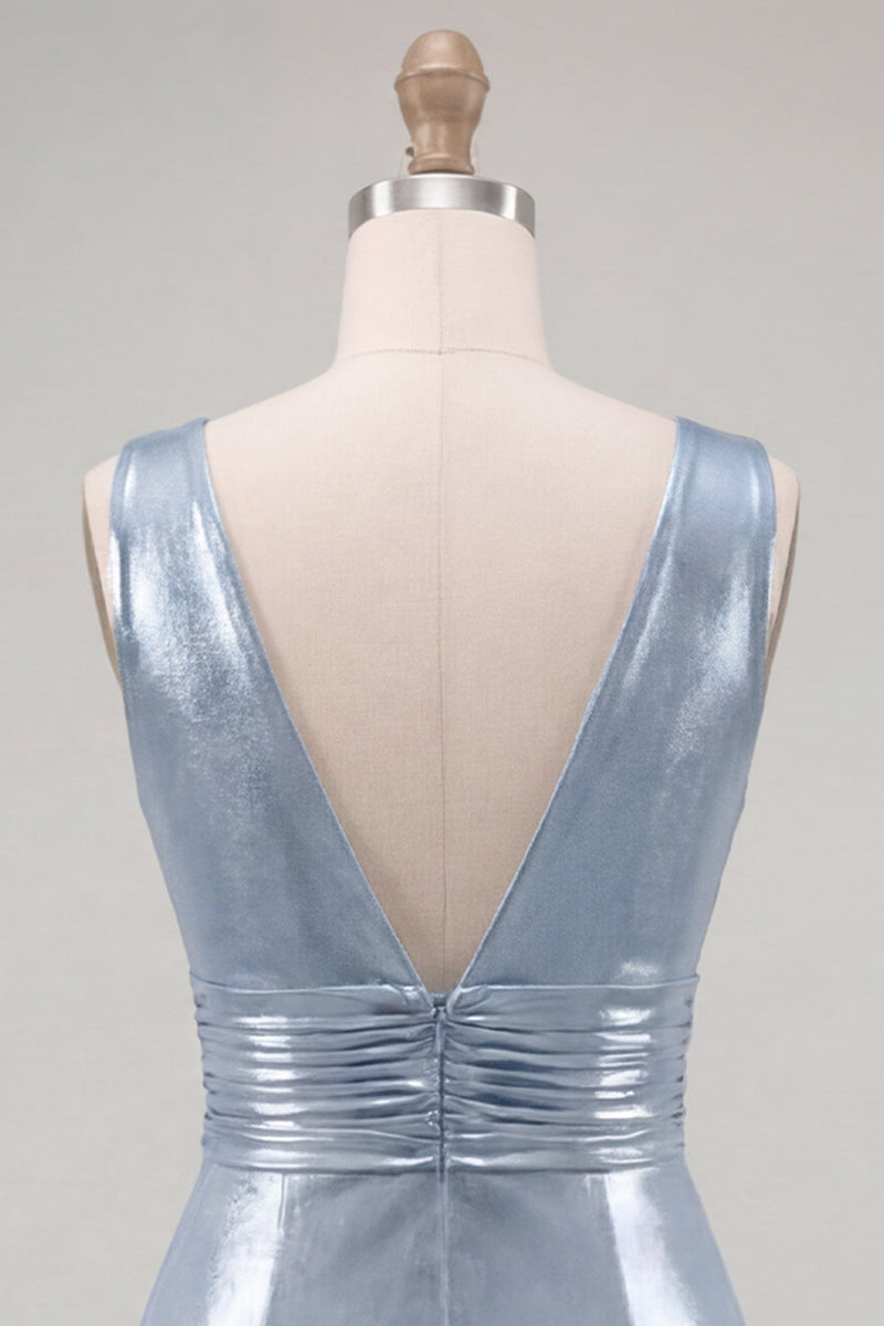 Laden Sie das Bild in den Galerie-Viewer, Metallisches Himmelblaues V-Ausschnitt, gerafftes, enges kurzes Homecoming-Kleid
