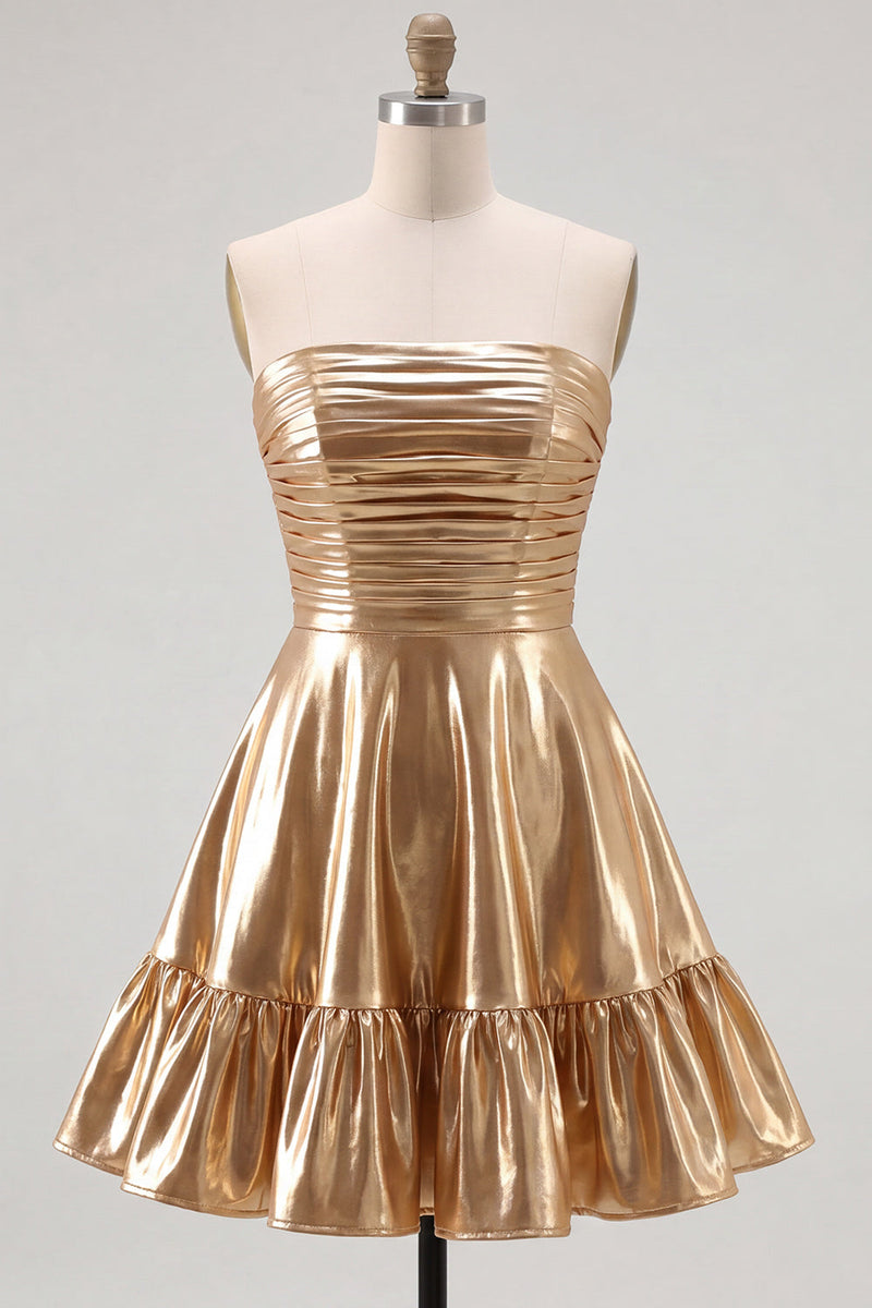 Laden Sie das Bild in den Galerie-Viewer, Trägerloses, metallisch-goldenes, gerafftes A-Line-Kurz-Homecoming-Kleid mit Rüschen