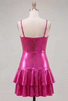 Fuchsia Metallisches Gerafftes A-Linie Stufen Kurzes Abendkleid mit Spaghettiträgern