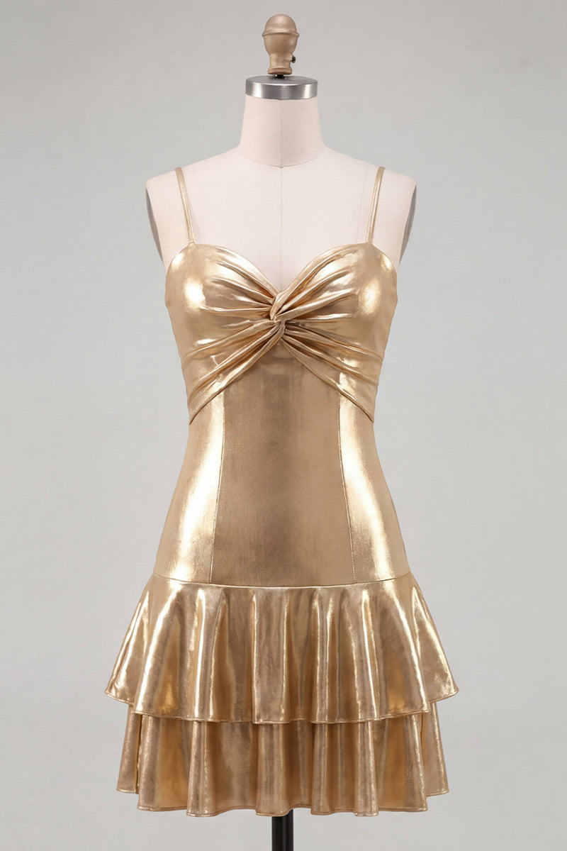 Laden Sie das Bild in den Galerie-Viewer, Fuchsiafarbenes metallisches gerafftes A-Linien-Stufen mit Spaghettiträgern – kurzes Homecoming-Kleid