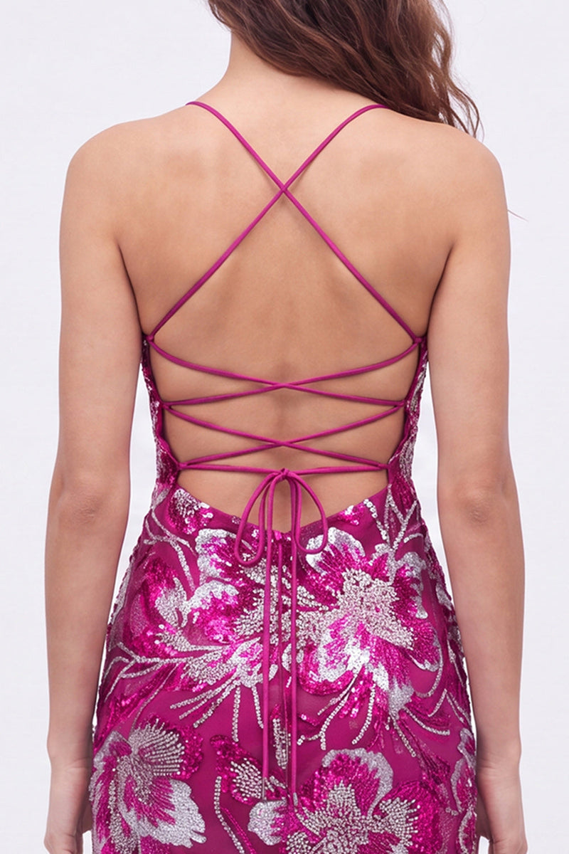 Laden Sie das Bild in den Galerie-Viewer, Blaues Bodycon Spaghetti-Träger Pailletten Perlen Kurzes Abendkleid mit Schnürsenkel