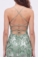 Laden Sie das Bild in den Galerie-Viewer, Blaues Bodycon Spaghetti-Träger Pailletten Perlen Kurzes Abendkleid mit Schnürsenkel
