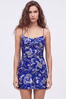 Laden Sie das Bild in den Galerie-Viewer, Blaues Bodycon Spaghetti-Träger Pailletten Perlen Kurzes Abendkleid mit Schnürsenkel