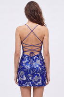 Laden Sie das Bild in den Galerie-Viewer, Blaues Bodycon Spaghetti-Träger Pailletten Perlen Kurzes Abendkleid mit Schnürsenkel