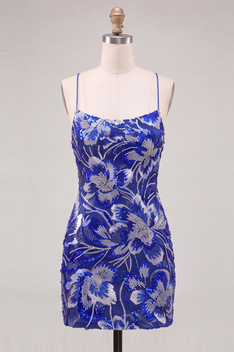 Laden Sie das Bild in den Galerie-Viewer, Blaues Bodycon Spaghetti-Träger Pailletten Perlen Kurzes Abendkleid mit Schnürsenkel