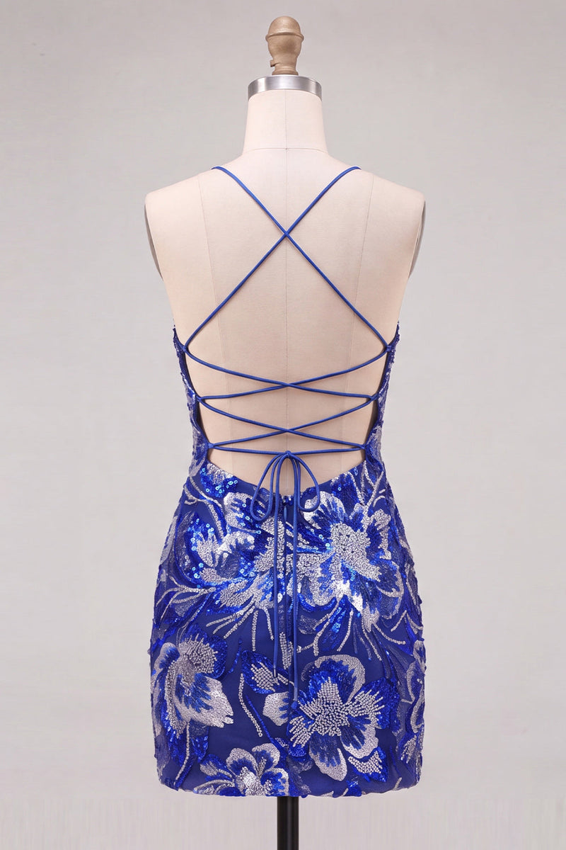 Laden Sie das Bild in den Galerie-Viewer, Blaues Bodycon Spaghetti-Träger Pailletten Perlen Kurzes Abendkleid mit Schnürsenkel