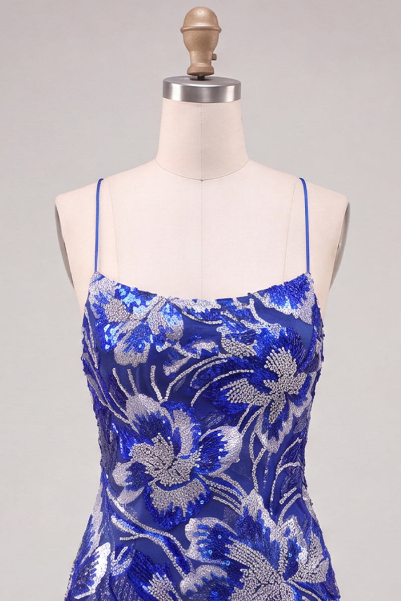 Laden Sie das Bild in den Galerie-Viewer, Blaues Bodycon Spaghetti-Träger Pailletten Perlen Kurzes Abendkleid mit Schnürsenkel