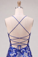 Laden Sie das Bild in den Galerie-Viewer, Blaues Bodycon Spaghetti-Träger Pailletten Perlen Kurzes Abendkleid mit Schnürsenkel