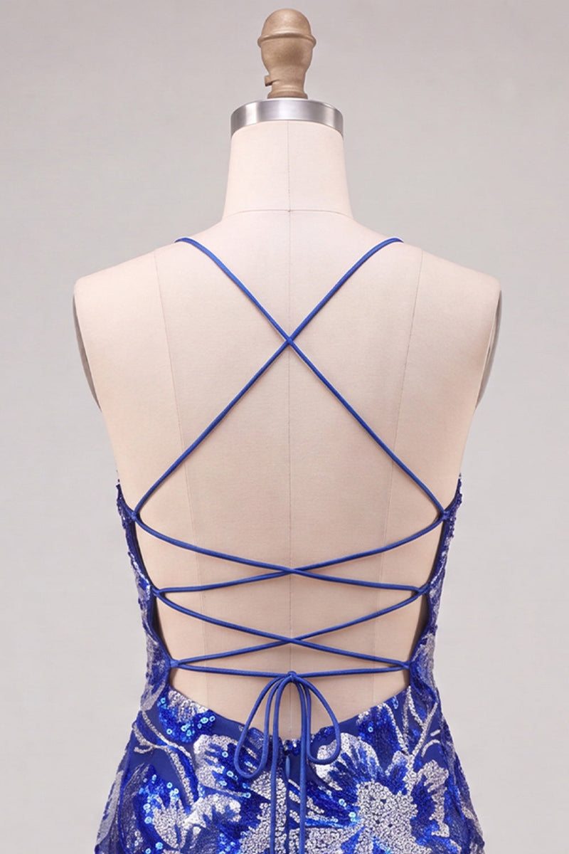 Laden Sie das Bild in den Galerie-Viewer, Blaues Bodycon Spaghetti-Träger Pailletten Perlen Kurzes Abendkleid mit Schnürsenkel
