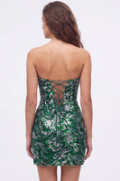 Laden Sie das Bild in den Galerie-Viewer, Trägerloses Grünes Bodycon Pailletten Kurzes Abendkleid mit Schnürung