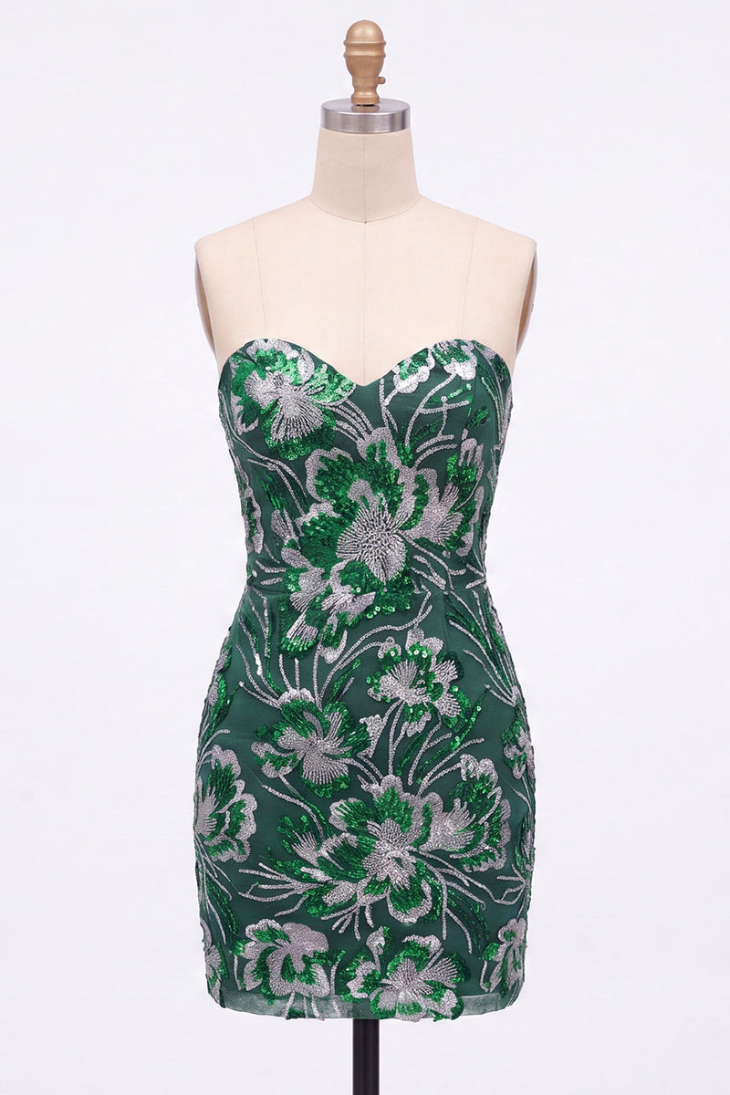 Laden Sie das Bild in den Galerie-Viewer, Trägerloses Grünes Bodycon Pailletten Kurzes Abendkleid mit Schnürung