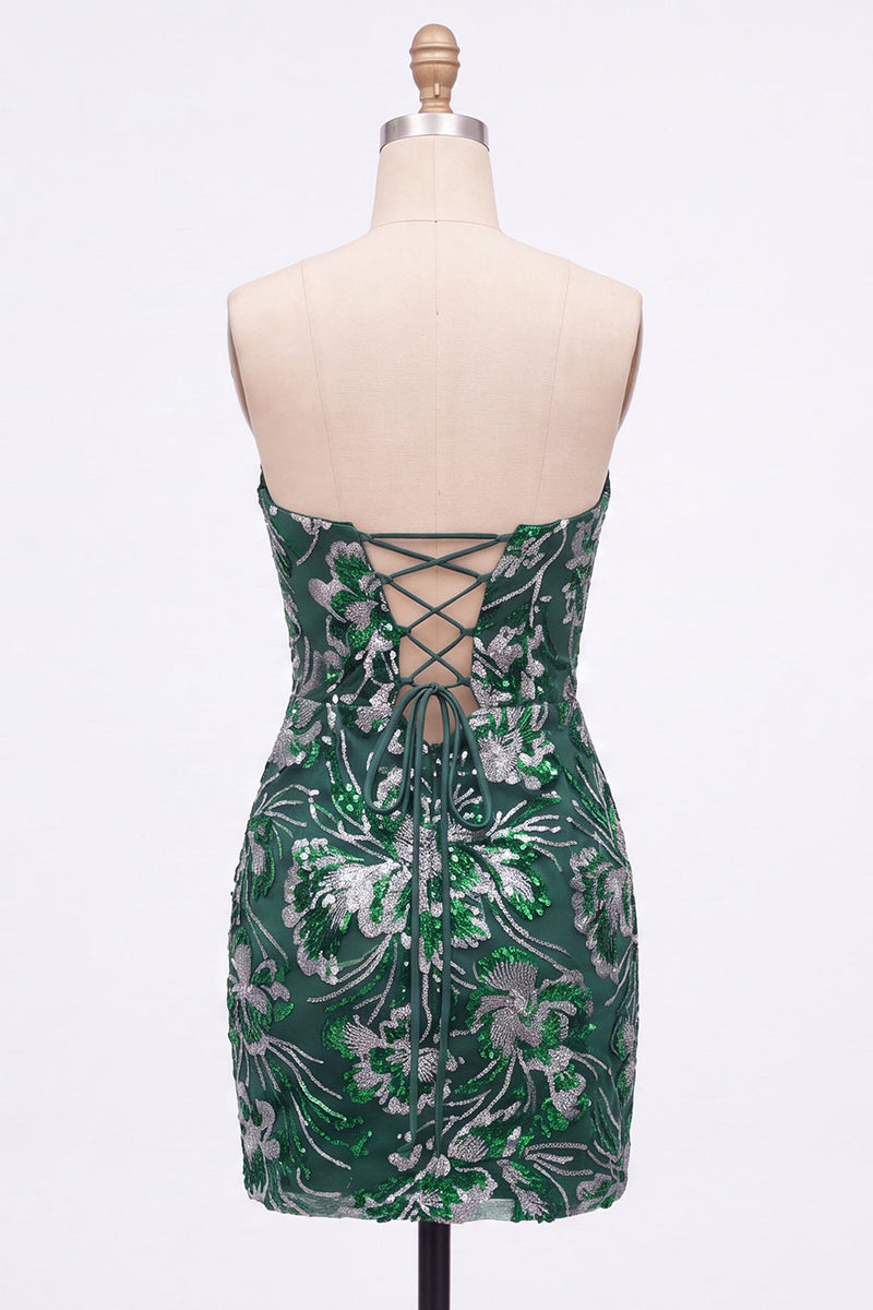 Laden Sie das Bild in den Galerie-Viewer, Trägerloses Grünes Bodycon Pailletten Kurzes Abendkleid mit Schnürung