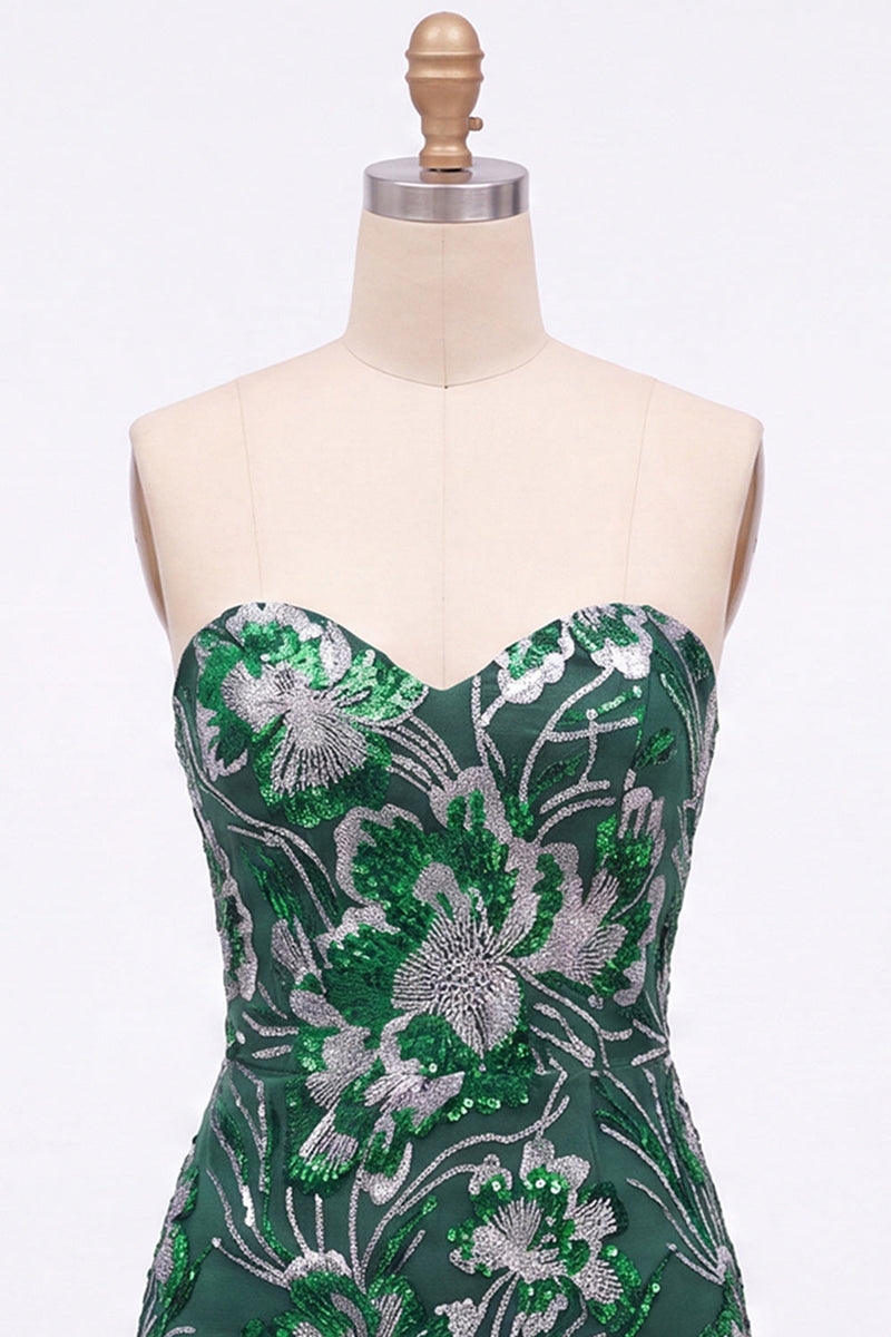 Laden Sie das Bild in den Galerie-Viewer, Trägerloses Grünes Bodycon Pailletten Kurzes Abendkleid mit Schnürung