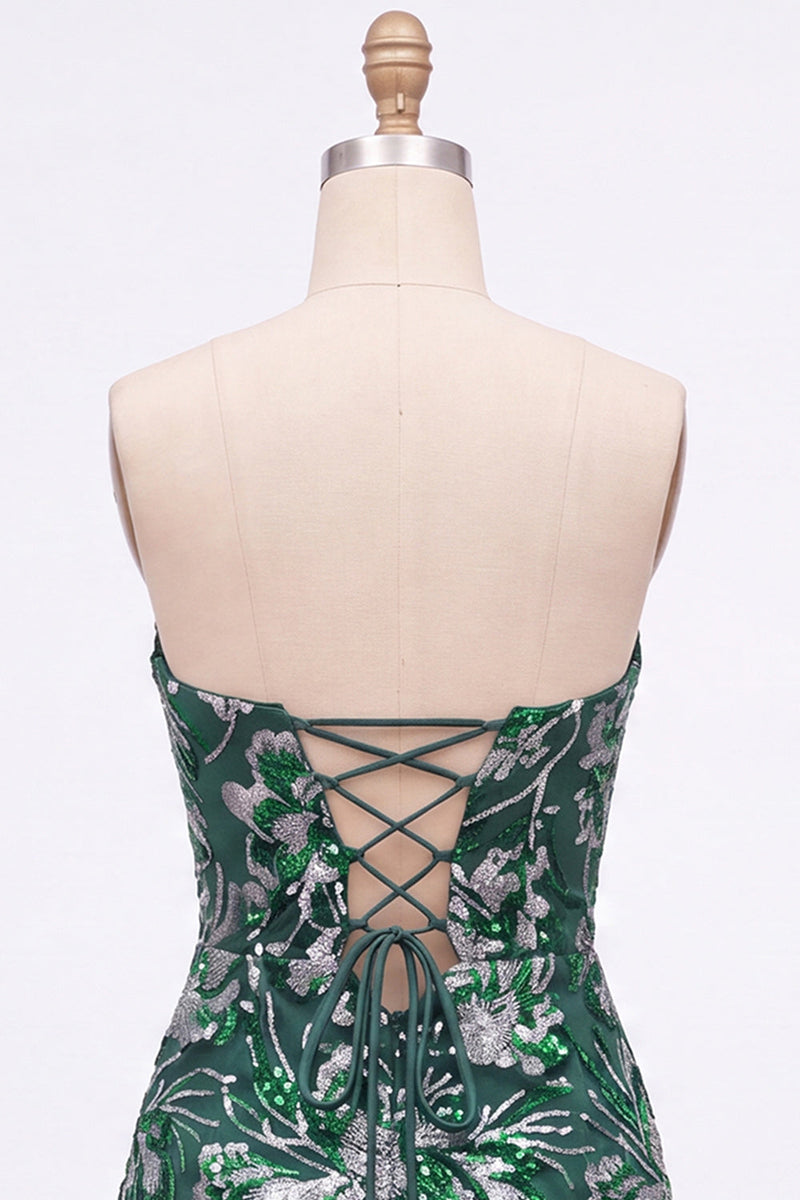 Laden Sie das Bild in den Galerie-Viewer, Trägerloses Grünes Bodycon Pailletten Kurzes Abendkleid mit Schnürung