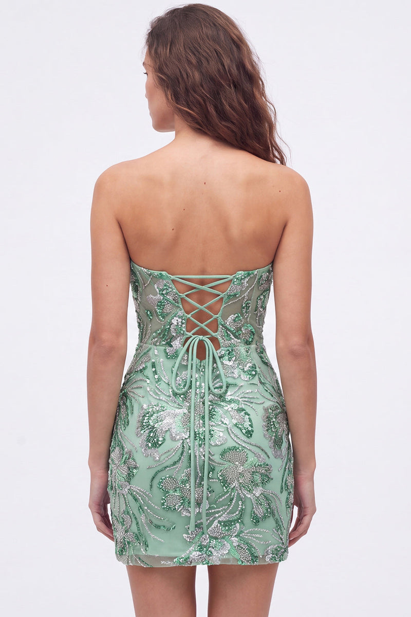 Laden Sie das Bild in den Galerie-Viewer, Trägerloses Grünes Bodycon Pailletten Kurzes Abendkleid mit Schnürung