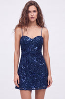 Laden Sie das Bild in den Galerie-Viewer, Marineblaue A-Linie Pailletten Spaghettiträger Kurzes Abendkleid mit Schnürung hinten