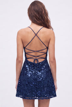 Marineblaue A-Linie Pailletten Spaghettiträger Kurzes Abendkleid mit Schnürung hinten