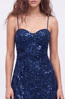 Laden Sie das Bild in den Galerie-Viewer, Marineblaue A-Linie Pailletten Spaghettiträger Kurzes Abendkleid mit Schnürung hinten