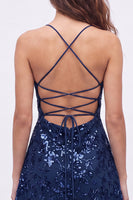 Laden Sie das Bild in den Galerie-Viewer, Marineblaue A-Linie Pailletten Spaghettiträger Kurzes Abendkleid mit Schnürung hinten