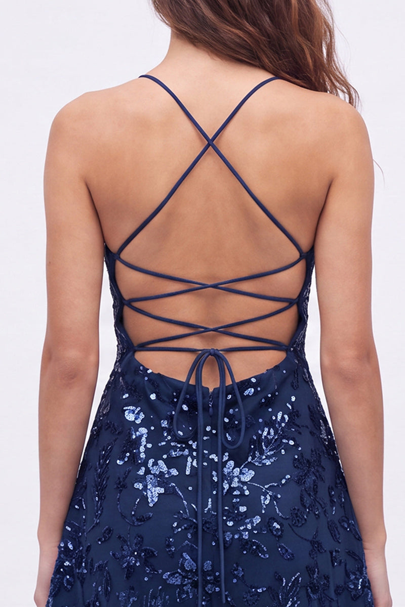 Laden Sie das Bild in den Galerie-Viewer, Marineblaue A-Linie Pailletten Spaghettiträger Kurzes Abendkleid mit Schnürung hinten