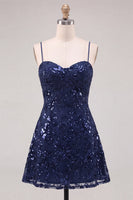 Laden Sie das Bild in den Galerie-Viewer, Marineblaue A-Linie Pailletten Spaghettiträger Kurzes Abendkleid mit Schnürung hinten