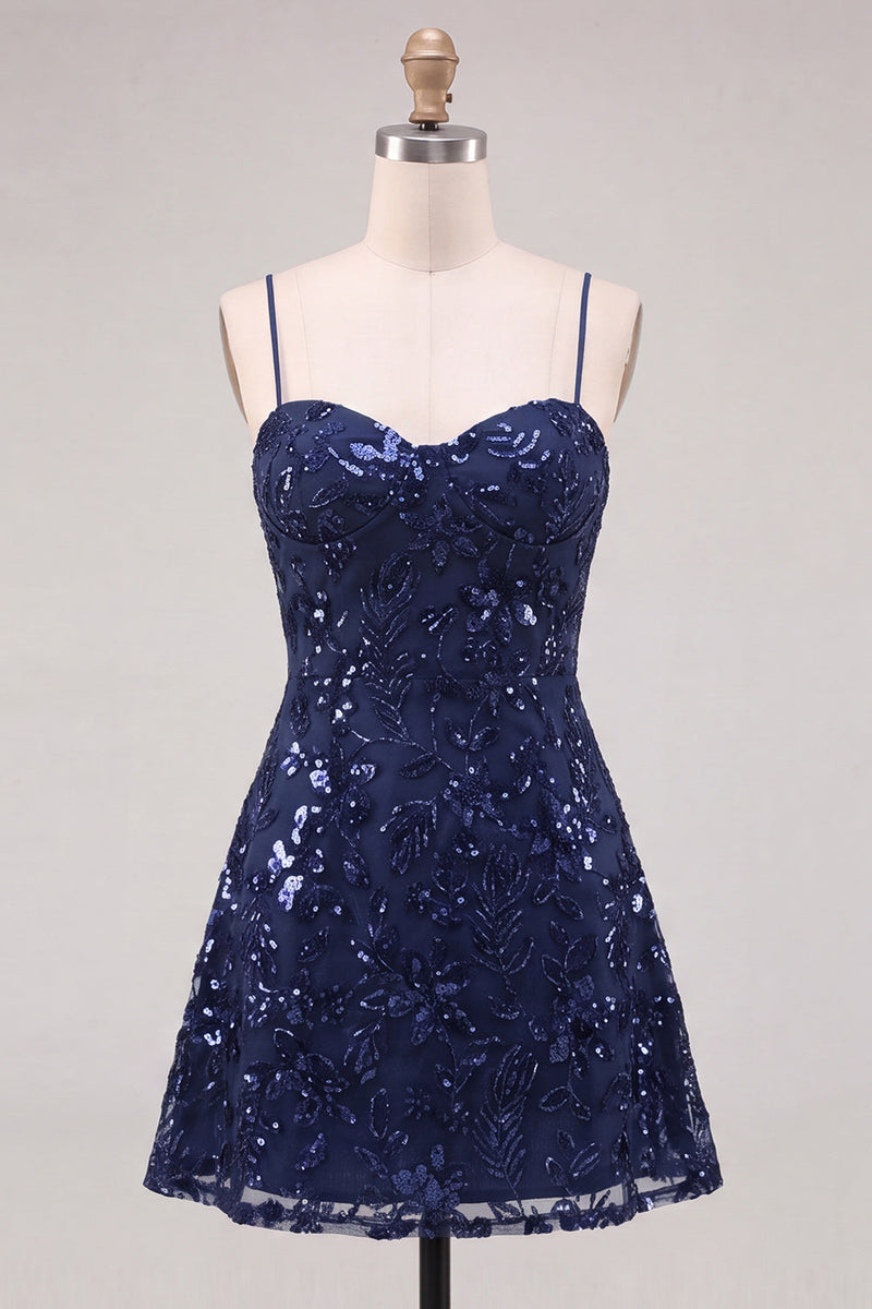 Laden Sie das Bild in den Galerie-Viewer, Marineblaue A-Linie Pailletten Spaghettiträger Kurzes Abendkleid mit Schnürung hinten
