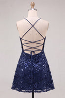 Laden Sie das Bild in den Galerie-Viewer, Marineblaue A-Linie Pailletten Spaghettiträger Kurzes Abendkleid mit Schnürung hinten