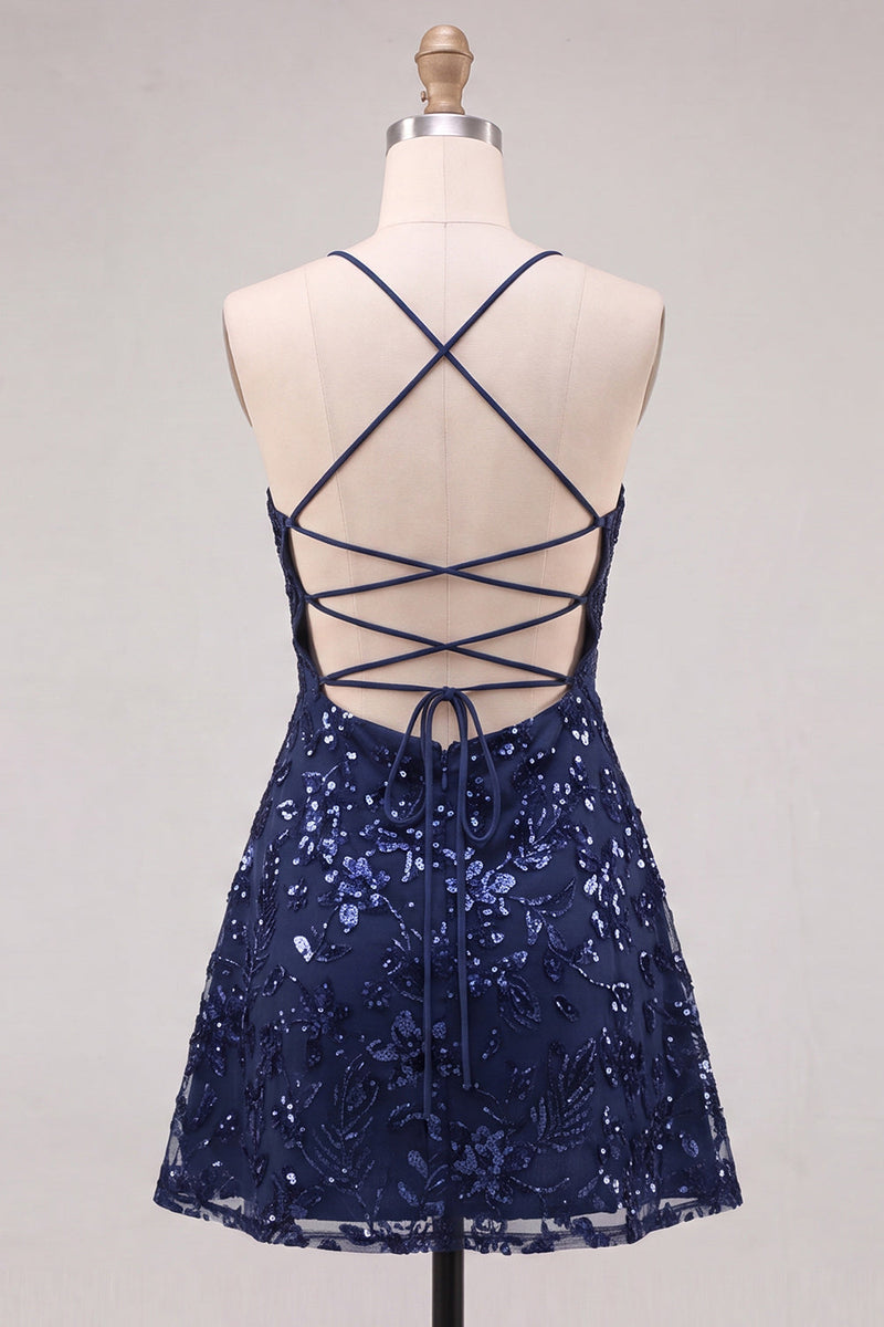 Laden Sie das Bild in den Galerie-Viewer, Marineblaue A-Linie Pailletten Spaghettiträger Kurzes Abendkleid mit Schnürung hinten