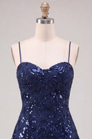 Laden Sie das Bild in den Galerie-Viewer, Marineblaue A-Linie Pailletten Spaghettiträger Kurzes Abendkleid mit Schnürung hinten