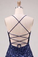 Laden Sie das Bild in den Galerie-Viewer, Marineblaue A-Linie Pailletten Spaghettiträger Kurzes Abendkleid mit Schnürung hinten