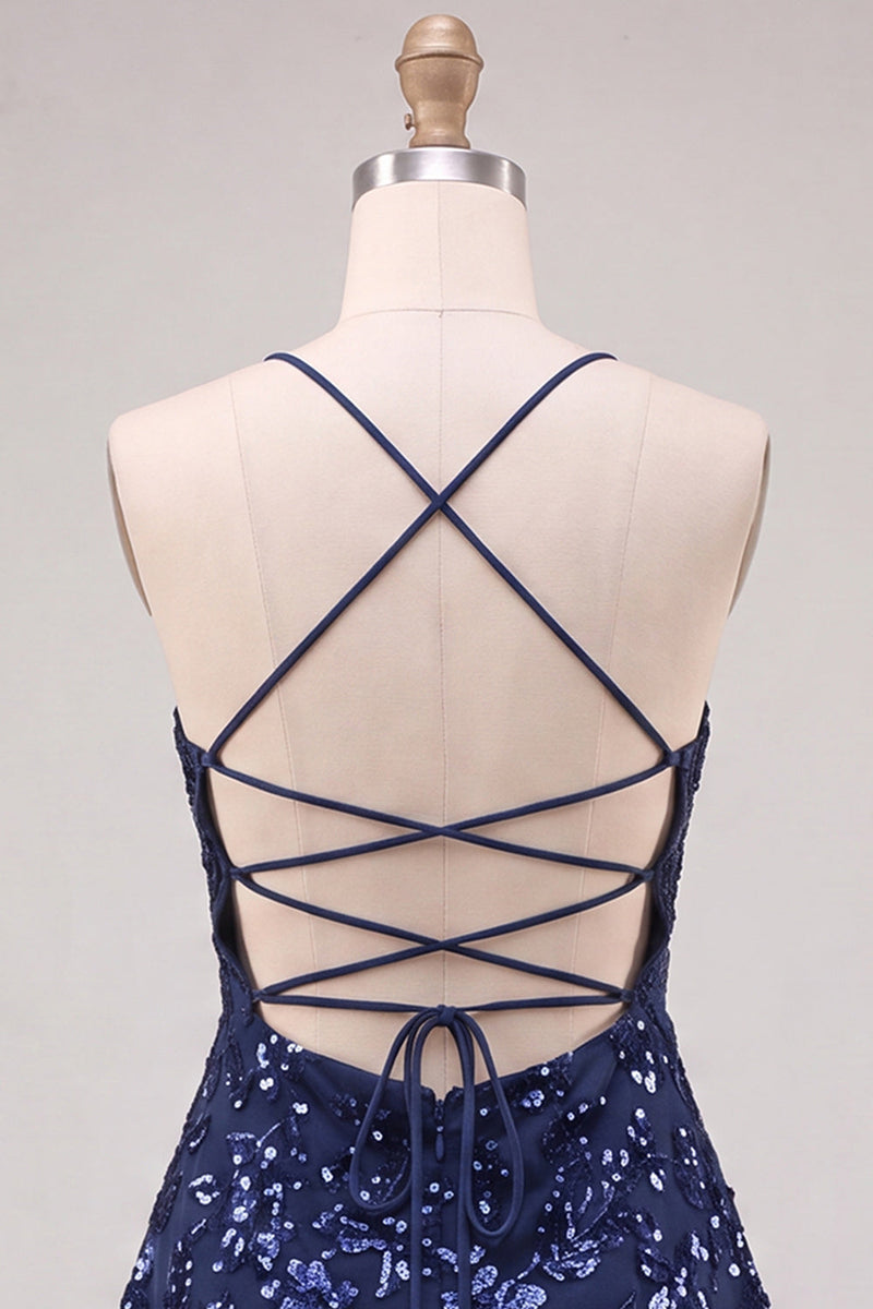 Laden Sie das Bild in den Galerie-Viewer, Marineblaue A-Linie Pailletten Spaghettiträger Kurzes Abendkleid mit Schnürung hinten