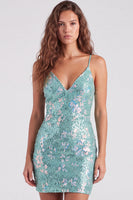 Laden Sie das Bild in den Galerie-Viewer, Glitzerndes Grünes Bodycon Pailletten Spaghetti-Träger Schnürung Kurzes Abendkleid