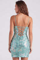 Laden Sie das Bild in den Galerie-Viewer, Glitzerndes Grünes Bodycon Pailletten Spaghetti-Träger Schnürung Kurzes Abendkleid